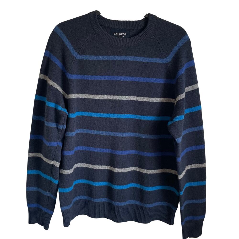 Express Men's Lambswool Sweater Sz L Pullover Striped Crewneck Navy Blue Preppy